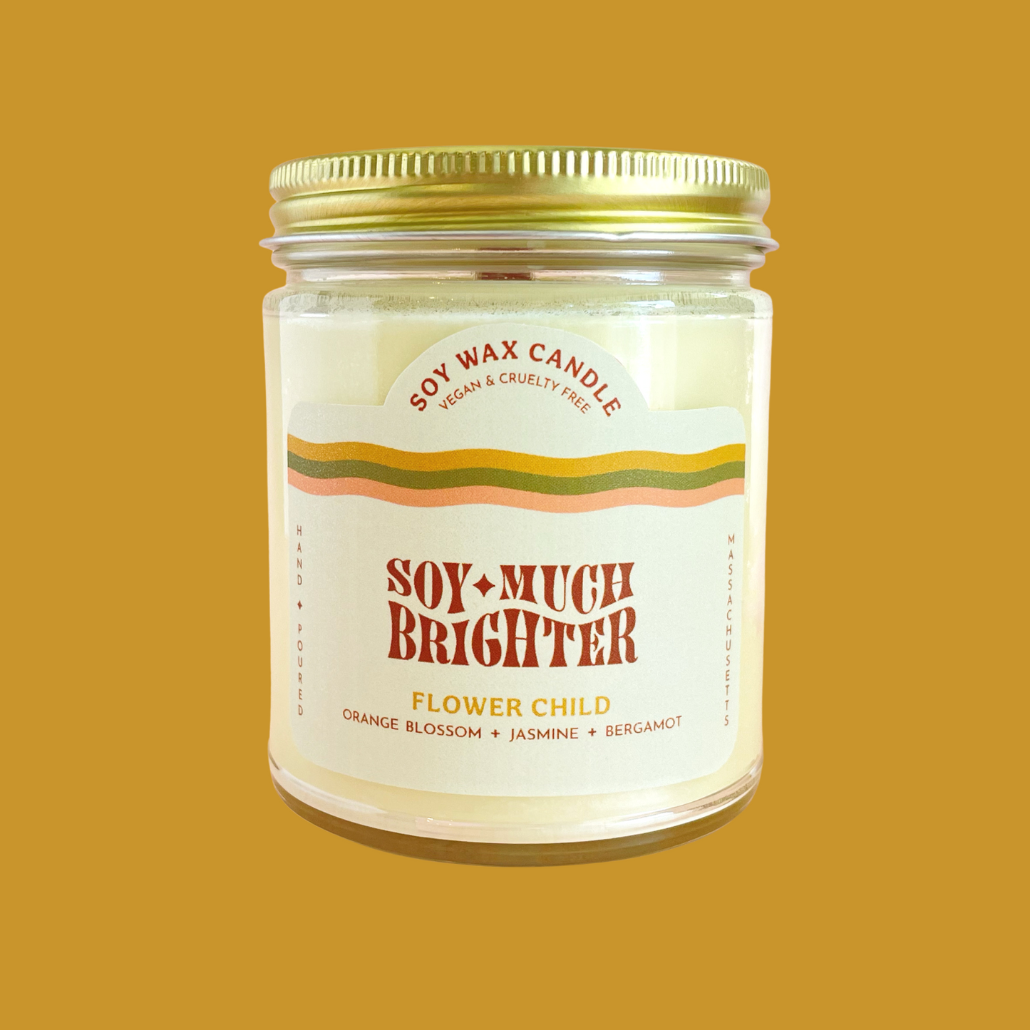 Immerse yourself in the enchanting aroma of our jasmine scented candle, crafted with natural soy. The Flower Child candle has notes of bergamot and orange blossom.