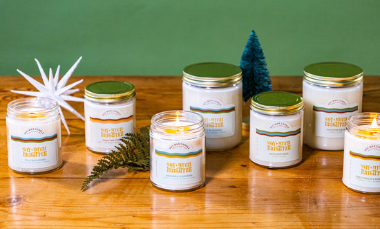 Holiday candles online featuring the fir candle with notes of peppermint by Soy Much Brighter in Beverly, MA.