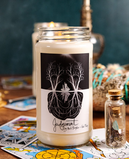 waken your senses with Judgement, vegan tarot card candles in Beverly, MA.